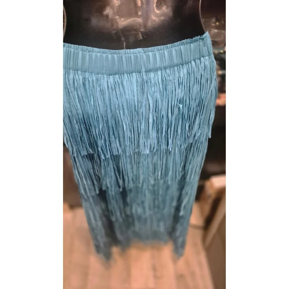 Western Turquoise Layered Fringe Midi Skirt Boho Cowgirl Festival Elastic S‎ M L